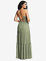 Rear View Thumbnail - Sage Drawstring Bodice Gathered Tie Open-Back Maxi Dress with Tiered Skirt