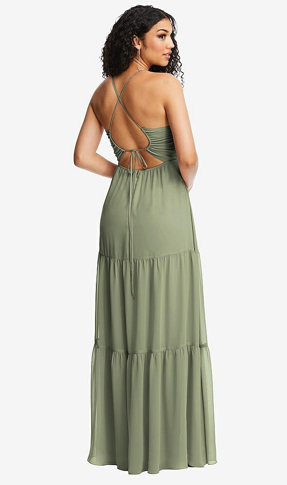 Back View - Sage Drawstring Bodice Gathered Tie Open-Back Maxi Dress with Tiered Skirt