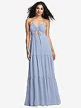 Alt View 2 Thumbnail - Sky Blue Drawstring Bodice Gathered Tie Open-Back Maxi Dress with Tiered Skirt