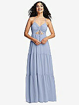 Front View Thumbnail - Sky Blue Drawstring Bodice Gathered Tie Open-Back Maxi Dress with Tiered Skirt