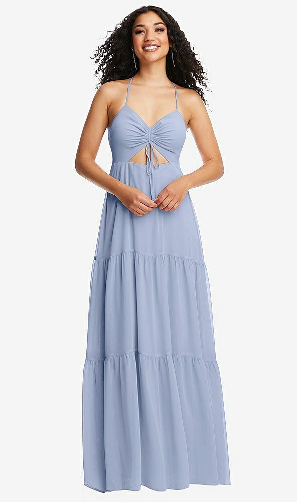 Front View - Sky Blue Drawstring Bodice Gathered Tie Open-Back Maxi Dress with Tiered Skirt