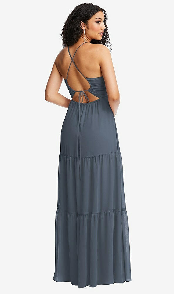 Back View - Silverstone Drawstring Bodice Gathered Tie Open-Back Maxi Dress with Tiered Skirt