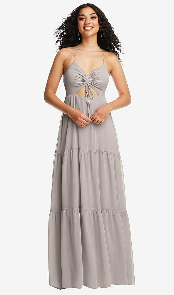 Front View - Taupe Drawstring Bodice Gathered Tie Open-Back Maxi Dress with Tiered Skirt