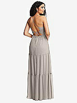 Rear View Thumbnail - Taupe Drawstring Bodice Gathered Tie Open-Back Maxi Dress with Tiered Skirt
