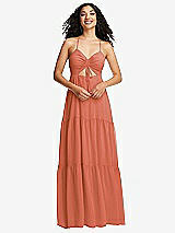 Front View Thumbnail - Terracotta Copper Drawstring Bodice Gathered Tie Open-Back Maxi Dress with Tiered Skirt