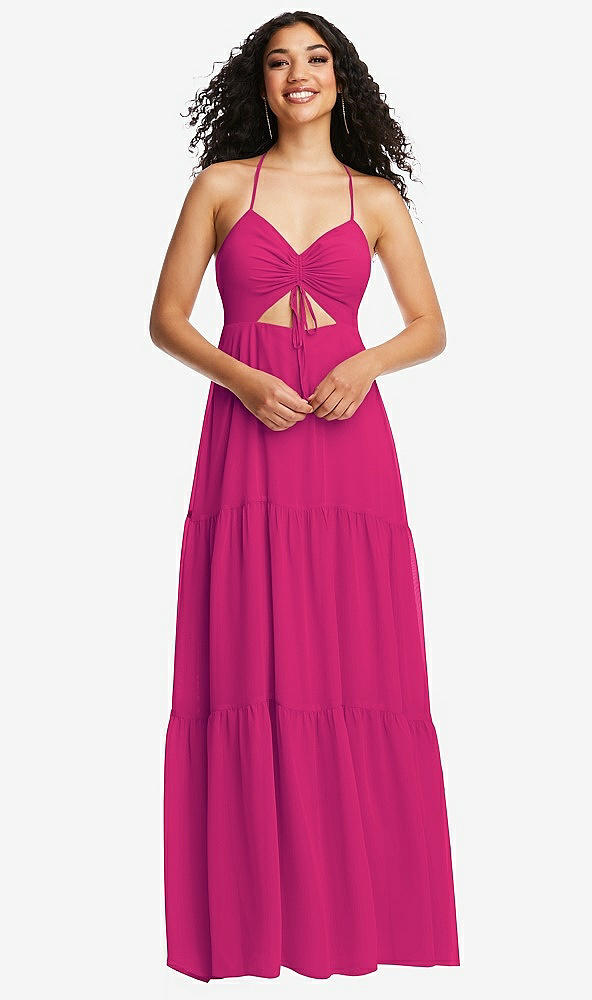 Front View - Think Pink Drawstring Bodice Gathered Tie Open-Back Maxi Dress with Tiered Skirt