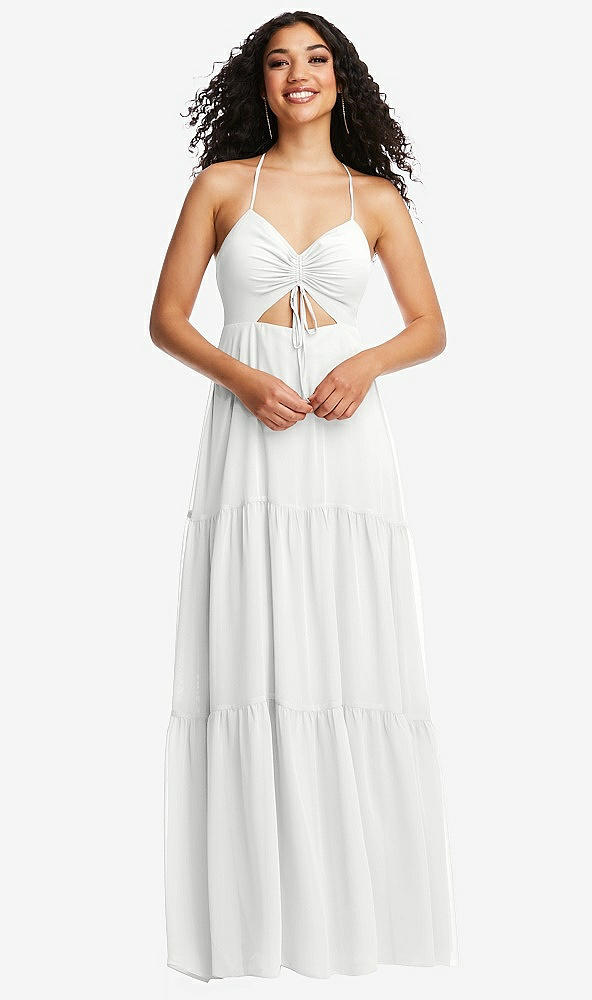 Front View - White Drawstring Bodice Gathered Tie Open-Back Maxi Dress with Tiered Skirt