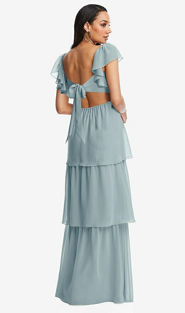 Back View - Morning Sky Flutter Sleeve Cutout Tie-Back Maxi Dress with Tiered Ruffle Skirt