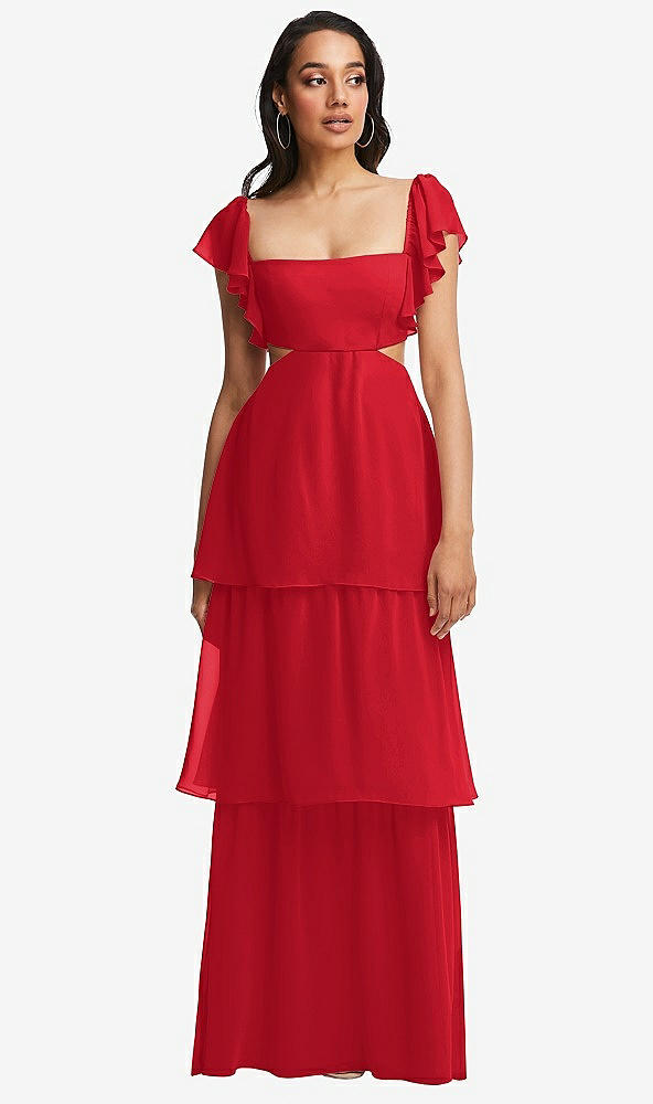 Front View - Parisian Red Flutter Sleeve Cutout Tie-Back Maxi Dress with Tiered Ruffle Skirt
