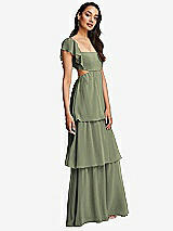 Side View Thumbnail - Sage Flutter Sleeve Cutout Tie-Back Maxi Dress with Tiered Ruffle Skirt
