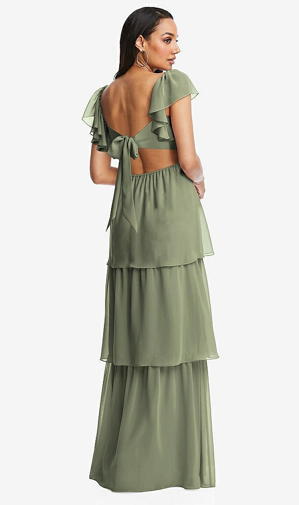 Back View - Sage Flutter Sleeve Cutout Tie-Back Maxi Dress with Tiered Ruffle Skirt