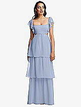 Front View Thumbnail - Sky Blue Flutter Sleeve Cutout Tie-Back Maxi Dress with Tiered Ruffle Skirt