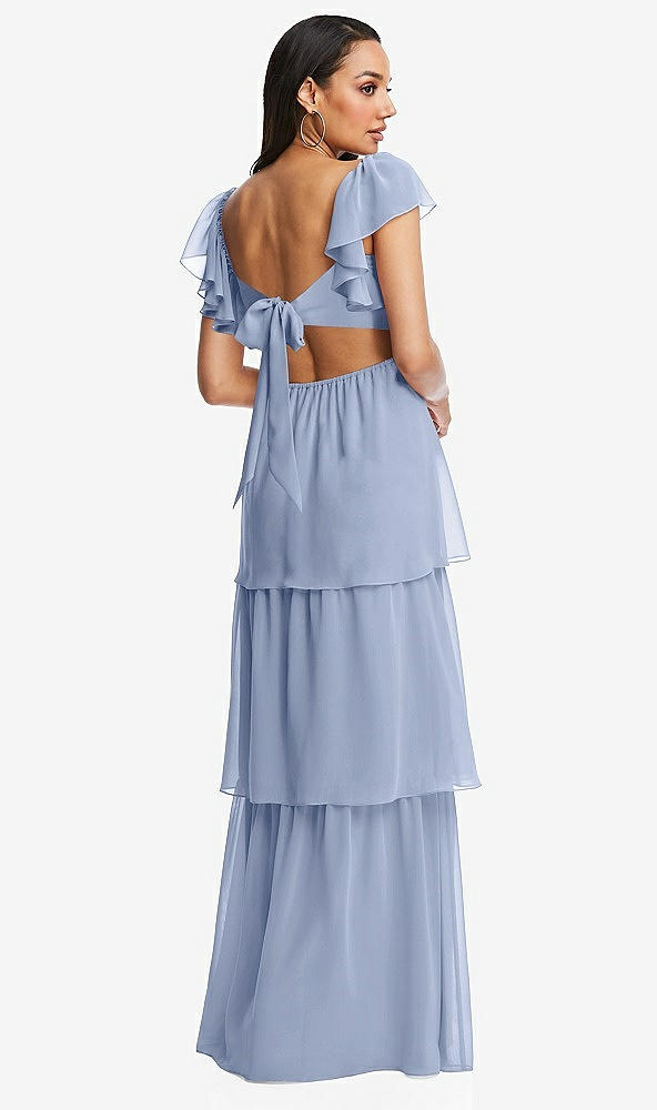 Back View - Sky Blue Flutter Sleeve Cutout Tie-Back Maxi Dress with Tiered Ruffle Skirt
