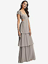 Side View Thumbnail - Taupe Flutter Sleeve Cutout Tie-Back Maxi Dress with Tiered Ruffle Skirt