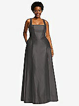Alt View 1 Thumbnail - Caviar Gray Boned Corset Closed-Back Satin Gown with Full Skirt and Pockets
