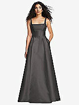 Front View Thumbnail - Caviar Gray Boned Corset Closed-Back Satin Gown with Full Skirt and Pockets