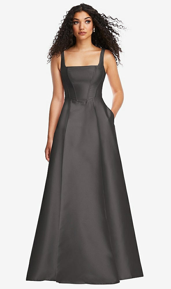 Front View - Caviar Gray Boned Corset Closed-Back Satin Gown with Full Skirt and Pockets