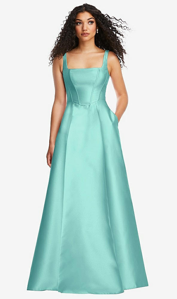 Front View - Coastal Boned Corset Closed-Back Satin Gown with Full Skirt and Pockets