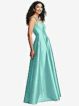 Side View Thumbnail - Coastal Boned Corset Closed-Back Satin Gown with Full Skirt and Pockets