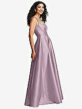 Side View Thumbnail - Suede Rose Boned Corset Closed-Back Satin Gown with Full Skirt and Pockets