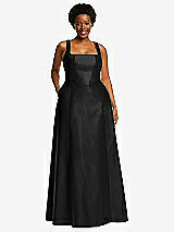 Alt View 1 Thumbnail - Black Boned Corset Closed-Back Satin Gown with Full Skirt and Pockets