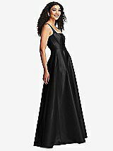 Side View Thumbnail - Black Boned Corset Closed-Back Satin Gown with Full Skirt and Pockets