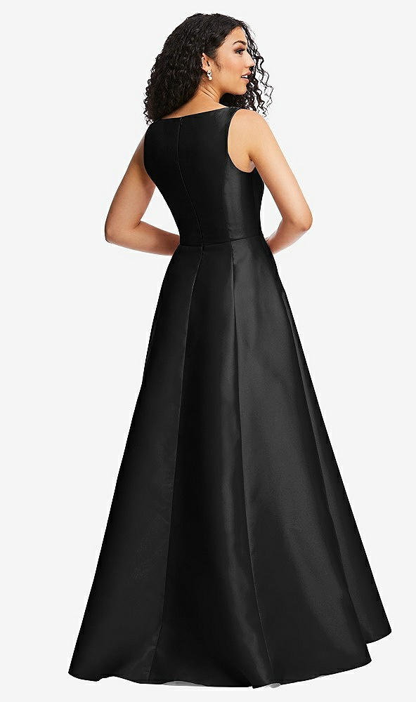Back View - Black Boned Corset Closed-Back Satin Gown with Full Skirt and Pockets