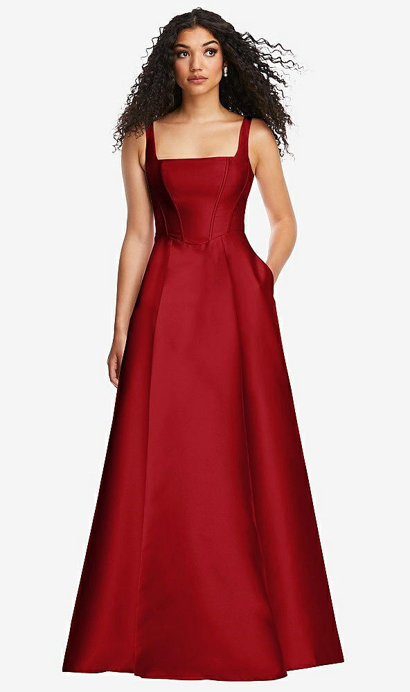 Front View - Garnet Boned Corset Closed-Back Satin Gown with Full Skirt and Pockets