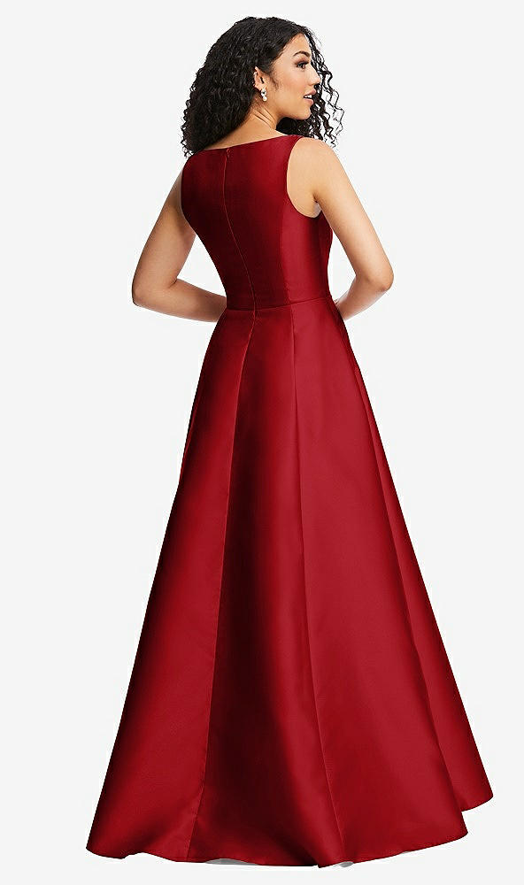 Back View - Garnet Boned Corset Closed-Back Satin Gown with Full Skirt and Pockets