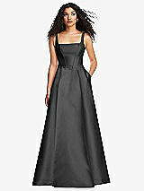 Front View Thumbnail - Pewter Boned Corset Closed-Back Satin Gown with Full Skirt and Pockets