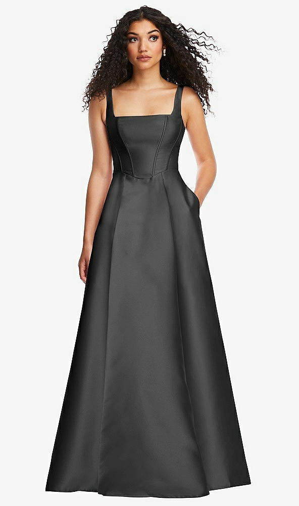 Front View - Pewter Boned Corset Closed-Back Satin Gown with Full Skirt and Pockets