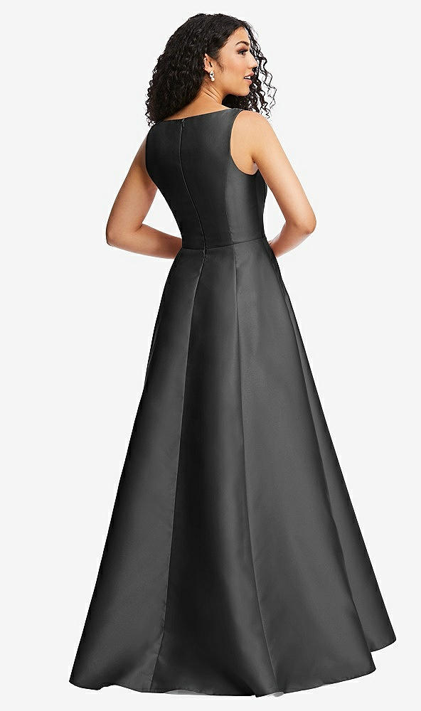 Back View - Pewter Boned Corset Closed-Back Satin Gown with Full Skirt and Pockets