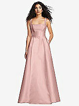 Front View Thumbnail - Rose - PANTONE Rose Quartz Boned Corset Closed-Back Satin Gown with Full Skirt and Pockets