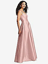 Side View Thumbnail - Rose - PANTONE Rose Quartz Boned Corset Closed-Back Satin Gown with Full Skirt and Pockets