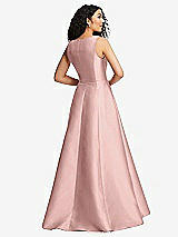 Rear View Thumbnail - Rose - PANTONE Rose Quartz Boned Corset Closed-Back Satin Gown with Full Skirt and Pockets