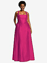 Alt View 1 Thumbnail - Think Pink Boned Corset Closed-Back Satin Gown with Full Skirt and Pockets