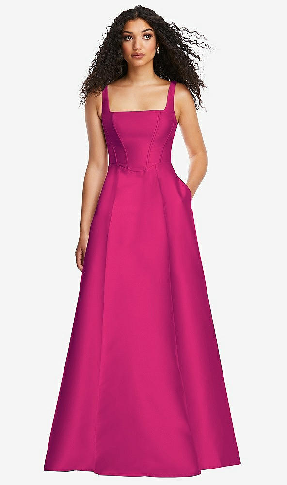 Front View - Think Pink Boned Corset Closed-Back Satin Gown with Full Skirt and Pockets
