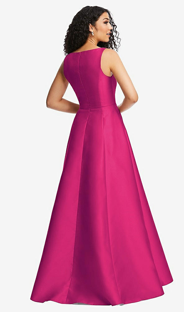 Back View - Think Pink Boned Corset Closed-Back Satin Gown with Full Skirt and Pockets