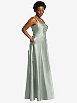 Alt View 2 Thumbnail - Willow Green Boned Corset Closed-Back Satin Gown with Full Skirt and Pockets