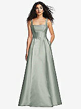 Front View Thumbnail - Willow Green Boned Corset Closed-Back Satin Gown with Full Skirt and Pockets