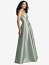 Side View Thumbnail - Willow Green Boned Corset Closed-Back Satin Gown with Full Skirt and Pockets