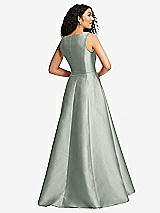 Rear View Thumbnail - Willow Green Boned Corset Closed-Back Satin Gown with Full Skirt and Pockets
