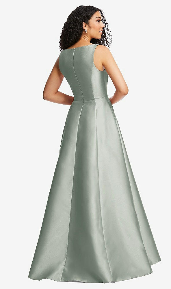 Back View - Willow Green Boned Corset Closed-Back Satin Gown with Full Skirt and Pockets