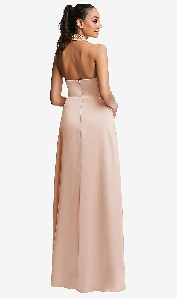 Back View - Cameo Shawl Collar Open-Back Halter Maxi Dress with Pockets