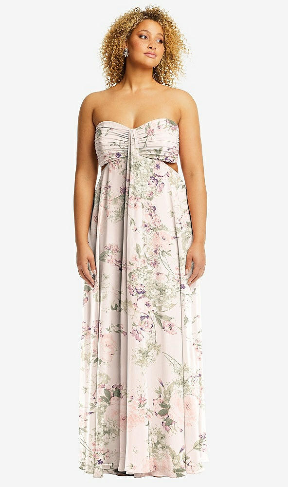 Front View - Blush Garden Strapless Empire Waist Cutout Maxi Dress with Covered Button Detail