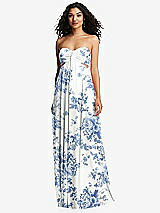 Alt View 2 Thumbnail - Cottage Rose Dusk Blue Strapless Empire Waist Cutout Maxi Dress with Covered Button Detail