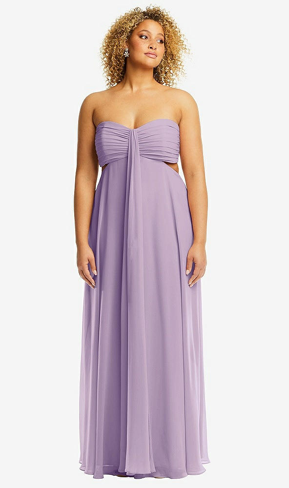 Front View - Pale Purple Strapless Empire Waist Cutout Maxi Dress with Covered Button Detail
