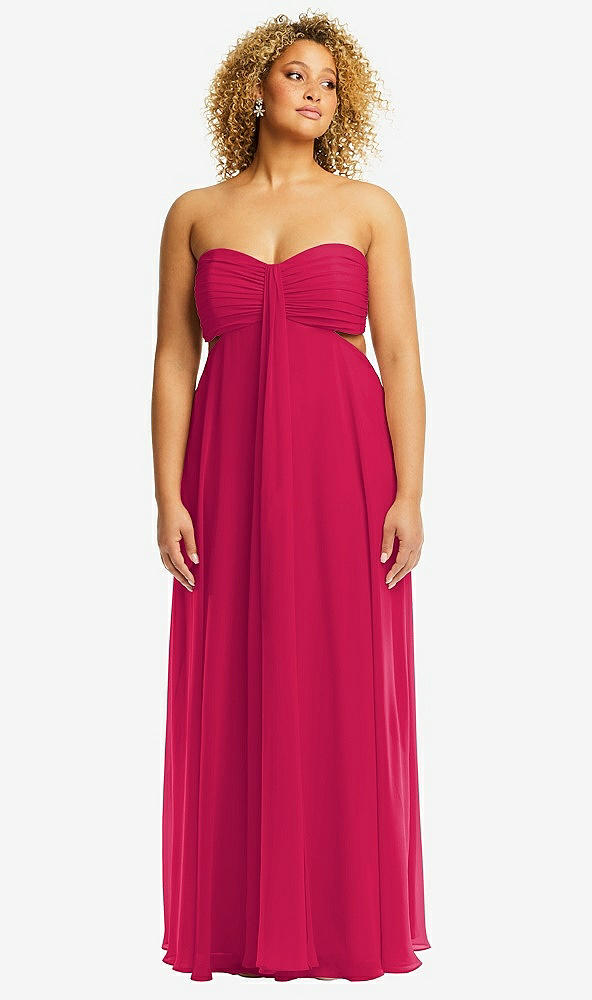 Front View - Vivid Pink Strapless Empire Waist Cutout Maxi Dress with Covered Button Detail