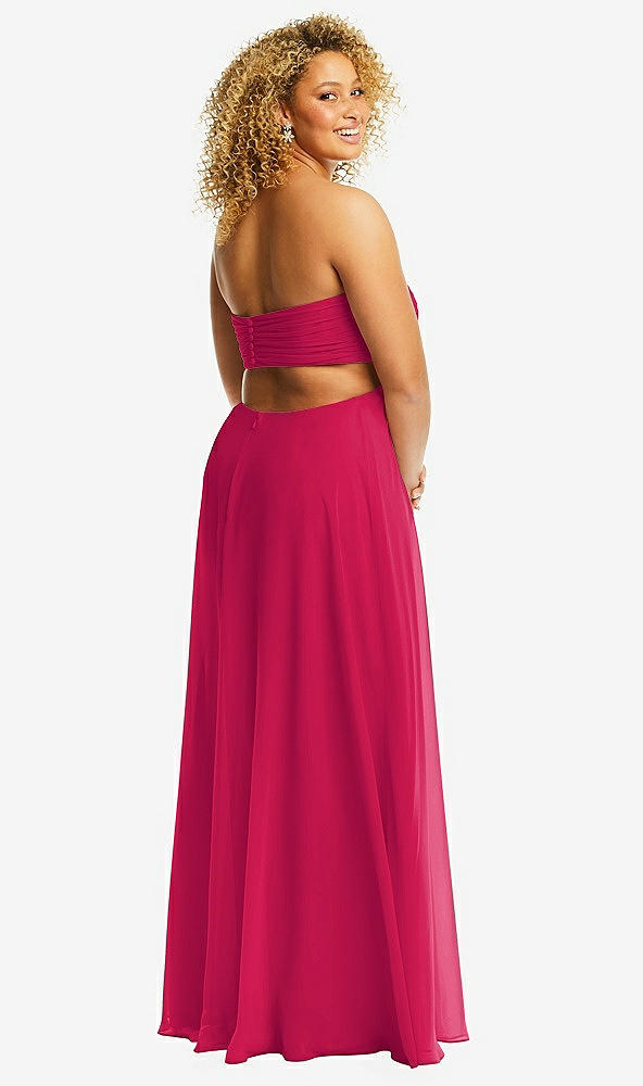 Back View - Vivid Pink Strapless Empire Waist Cutout Maxi Dress with Covered Button Detail