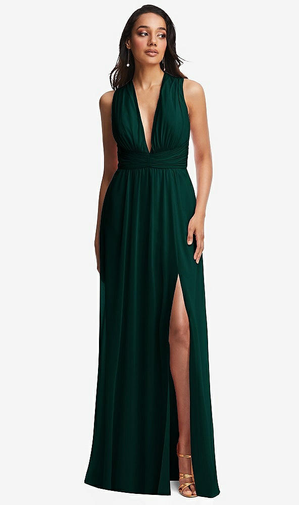 Front View - Evergreen Shirred Deep Plunge Neck Closed Back Chiffon Maxi Dress 